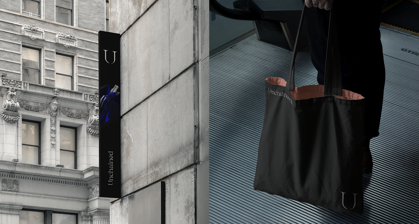 Diseño de una tira publicitaria y de una bolsa de Unchained